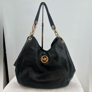Michael Kors Large Fulton Black Pebbled Leather Shoulder Tote Bag Handbag Pusre